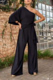Black Sexy Casual Solid Bandage Fold One Shoulder Loose Jumpsuits