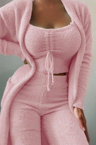 Pink Casual Solid Patchwork Cardigan Collar Long Sleeve Three Pieces