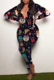 Black Red Casual Print Patchwork Buttons V Neck Skinny Jumpsuits