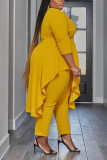 Yellow Casual Solid Flounce O Neck Plus Size
