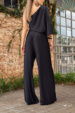 Black Sexy Casual Solid Bandage Fold One Shoulder Loose Jumpsuits