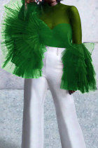 Green Sexy Solid See-through Fold O Neck Tops