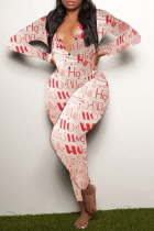 White Casual Print Patchwork Buttons V Neck Skinny Jumpsuits