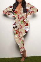 Khaki Casual Print Patchwork Buttons V Neck Skinny Jumpsuits