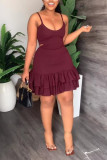 Burgundy Sexy Solid Hollowed Out Patchwork Fold Spaghetti Strap Sling Dress Dresses