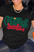 Black Vintage Print Patchwork O Neck T-Shirts