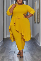 Yellow Casual Solid Flounce O Neck Plus Size