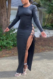 Black Sexy Solid Bandage Hollowed Out O Neck Long Sleeve Dresses