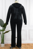 Black Casual Solid Patchwork Hooded Collar Plus Size Two Pieces