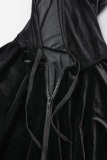 Black Casual Solid Patchwork Hooded Collar Plus Size Two Pieces
