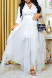 White Casual Elegant Solid Fold Turn-back Collar Mesh Dress Dresses