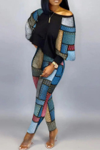 Colorful Blue Sexy Casual Print Patchwork Contrast O Neck Long Sleeve Two Pieces