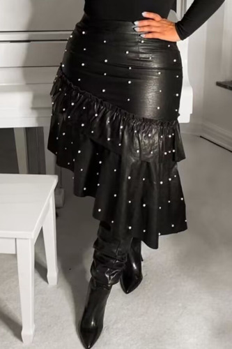 Black Casual Street Solid Patchwork Flounce Beading Asymmetrical High Waist Type A Solid Color Bottoms