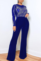 Blue Sexy Solid Patchwork See-through Hot Drill O Neck Straight Jumpsuits