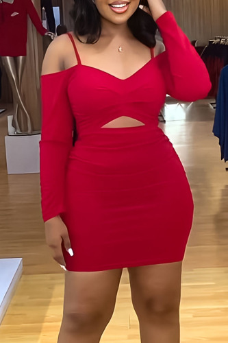 Red Sexy Solid Hollowed Out Patchwork Spaghetti Strap One Step Skirt Dresses