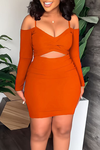 Tangerine Red Sexy Solid Hollowed Out Patchwork Spaghetti Strap One Step Skirt Dresses
