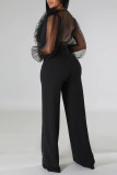 Black Sexy Solid Patchwork See-through Stringy Selvedge V Neck Straight Jumpsuits