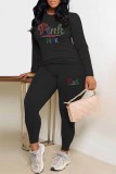Black Street Letter Patchwork O Neck Long Sleeve Two Pieces