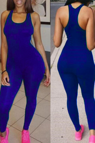 Blue Sexy Solid Patchwork U Neck Skinny Jumpsuits