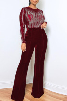 Burgundy Sexy Solid Patchwork See-through Hot Drill O Neck Straight Jumpsuits