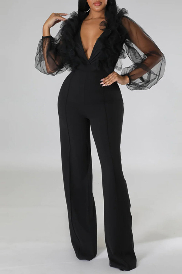 Black Sexy Solid Patchwork See-through Stringy Selvedge V Neck Straight Jumpsuits