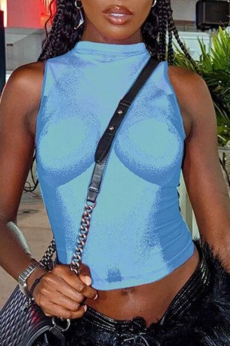 Blue Sexy Casual Print Basic Half A Turtleneck Tops