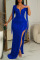 Blue Sexy Solid Tassel Sequins Patchwork Backless Slit V Neck Long Dress Dresses