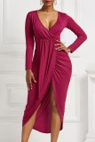 Purplish Red Casual Solid Patchwork V Neck Long Sleeve Dresses