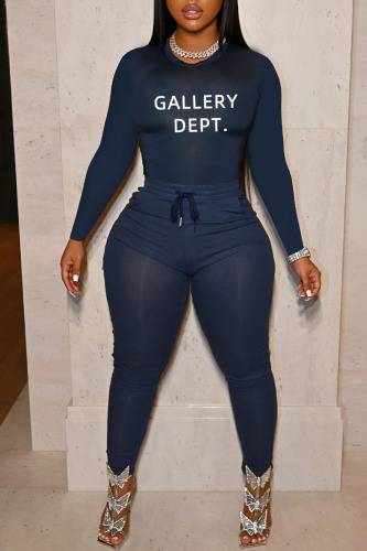 Navy Blue Casual Print Patchwork O Neck Long Sleeve Two Pieces