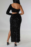 Black Sexy Solid Hollowed Out Sequins Patchwork Slit Oblique Collar Long Dress Dresses