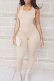 Apricot Sexy Solid Patchwork U Neck Skinny Jumpsuits