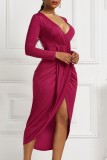 Purplish Red Casual Solid Patchwork V Neck Long Sleeve Dresses