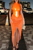 Tangerine Red Sexy Solid Patchwork Asymmetrical Half A Turtleneck Sleeveless Two Pieces