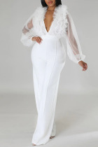White Sexy Solid Patchwork See-through Stringy Selvedge V Neck Straight Jumpsuits