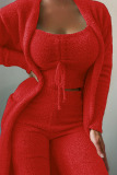 Rose Red Casual Solid Patchwork Cardigan Collar Long Sleeve Three Pieces