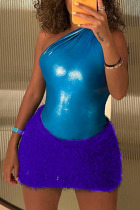 Blue Sexy Solid Patchwork Oblique Collar Sleeveless Two Pieces
