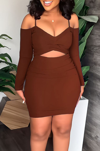 Coffee Sexy Solid Hollowed Out Patchwork Spaghetti Strap One Step Skirt Dresses