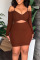 Coffee Sexy Solid Hollowed Out Patchwork Spaghetti Strap One Step Skirt Dresses