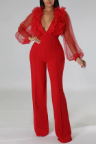 Red Sexy Solid Patchwork See-through Stringy Selvedge V Neck Straight Jumpsuits
