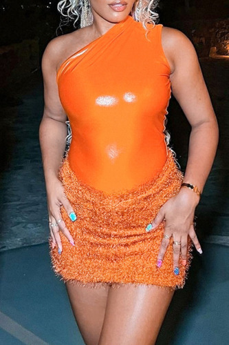 Tangerine Red Sexy Solid Patchwork Oblique Collar Sleeveless Two Pieces