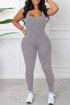 Grey Sexy Casual Solid Backless U Neck Skinny Jumpsuits
