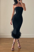 Black Fashion Celebrities Feathers Off the Shoulder One Step Skirt Dresses