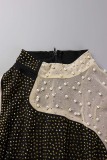 Gold Sexy Patchwork Pearl Hot Drill O Neck Long Sleeve Dresses