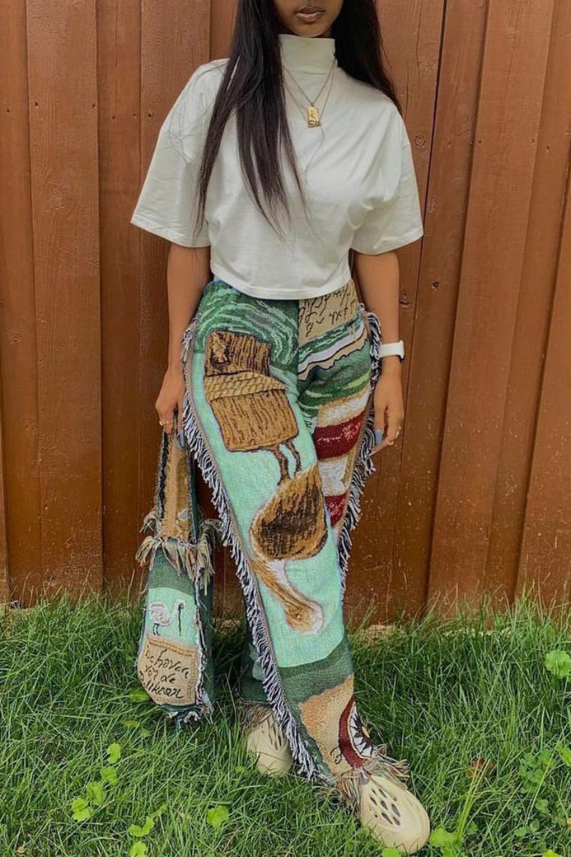 Print Patterned Trousers in Original Green