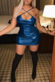 Blue Sexy Solid Backless Cross Straps Spaghetti Strap Sleeveless Dress Dresses