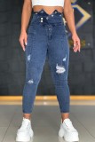 Blue Casual Solid Ripped Patchwork High Waist Skinny Denim Jeans