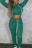 Green Casual Street Solid Bandage Patchwork Hooded Collar Long Sleeve Two Pieces
