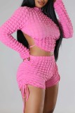 Pink Casual Solid Draw String Frenulum Half A Turtleneck Long Sleeve Two Pieces