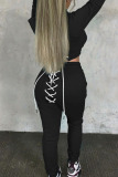 Black Casual Street Solid Bandage Patchwork Hooded Collar Long Sleeve Two Pieces