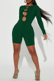 Dark Green Sexy Solid Hollowed Out Patchwork O Neck Skinny Rompers